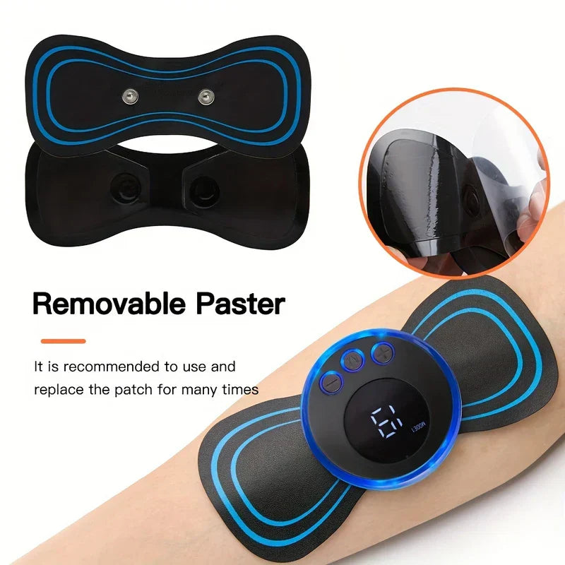 Cervical Massage Stimulator Patch - Removable replaceable adhesive pads for the massage unit, shown with the control module attached to an arm and a closeup of the adhesive protective film