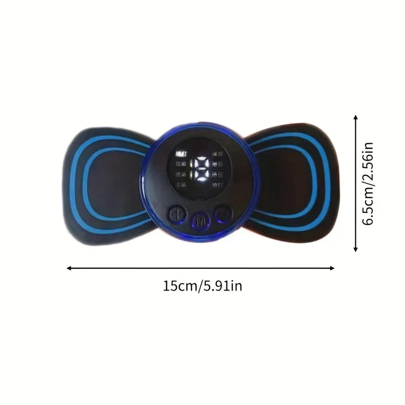 Cervical Massage Stimulator Patch - Portable EMS neck massager with control unit and two electrode pads, dimension labels show 15cm by 6.5cm