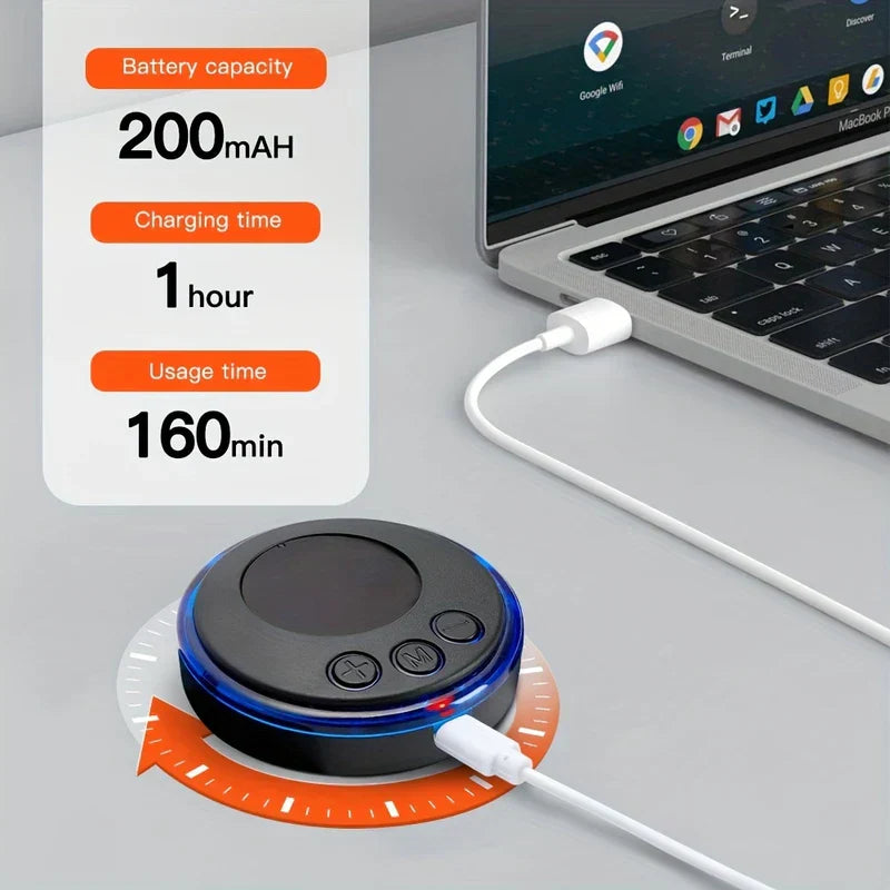 Cervical Massage Stimulator Patch - Round massager control unit connected to a laptop via USB charging cable, with battery and charge time text labels