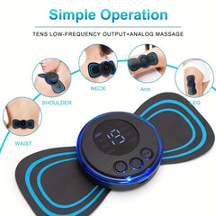 Cervical Massage Stimulator Patch - Portable TENS massager with display, shown placed on shoulder, neck, arm, leg, and waist for use