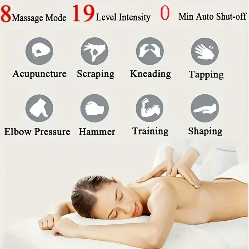 Massagestimulationspflaster für die Halswirbelsäule - Infografik mit 8 Massagemodus-Symbolen, 19 Intensitätsstufen, automatischer Abschaltung, mit einer Person, die eine Rückenmassage erhält