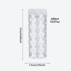 Cool Mist Humidifier - Diamond-patterned transparent humidifier with white cap, showing dimensions and 400ml capacity on white background