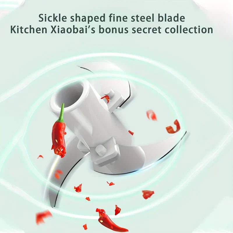 Close-up of white sickle-shaped food chopper steel blade processing red chili peppers, with feature text above