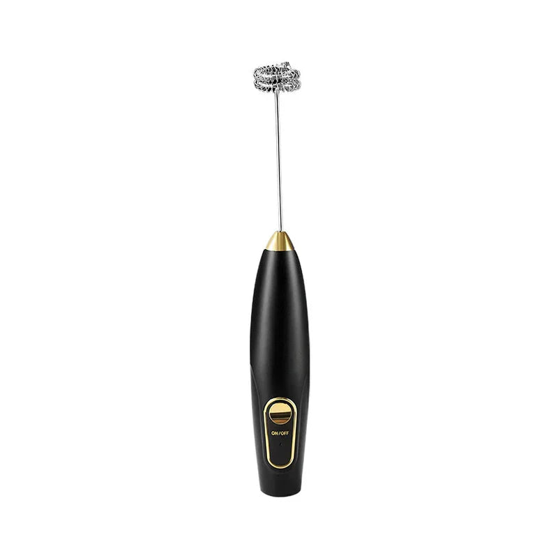 Electric Milk Frother - Black handheld frother with gold accent details and coiled metal whisk head, shown against a plain white background