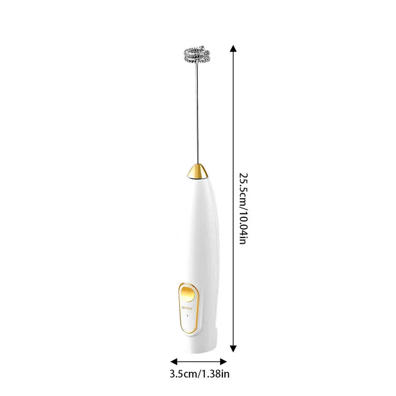 White handheld electric milk frother with gold accents, displayed with length and width measurements