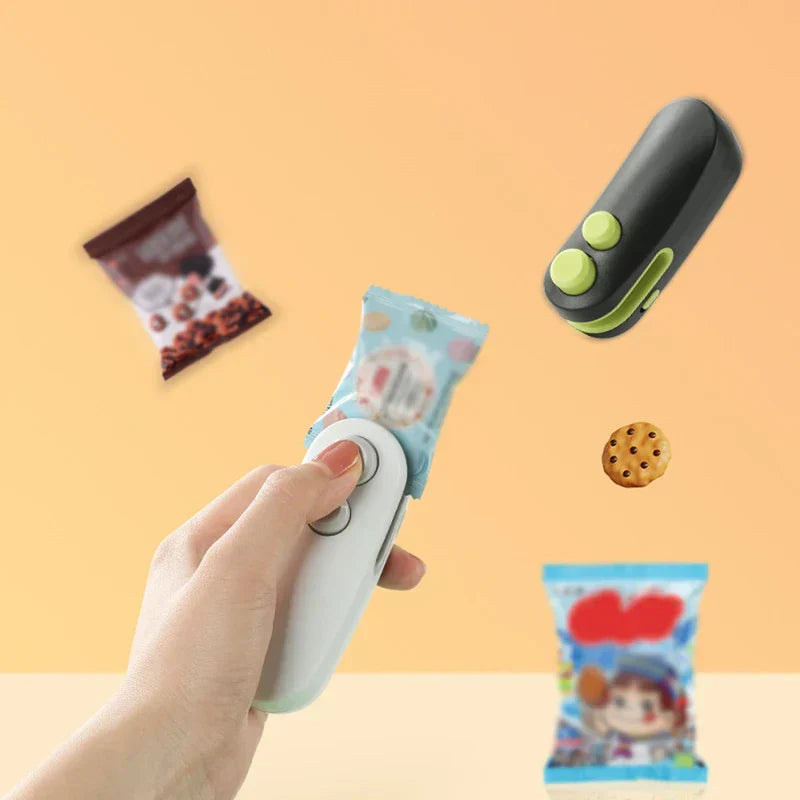 Hand holding a white handheld device sealing a small snack bag, with other snacks and a black mini bag sealer floating against a peach background