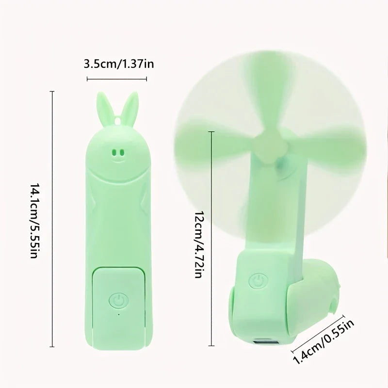 Mini Fan - Folded and unfolded light green bunny portable fan with dimension labels on a plain background