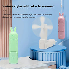 Mini Fan - Three bunny-styled portable fans in green, white, pink in folded and unfolded positions on a blue display