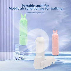Mini Fan - Three bunny-themed folding portable fans, one in white with blades spinning, on a light blue styled surface with text headers