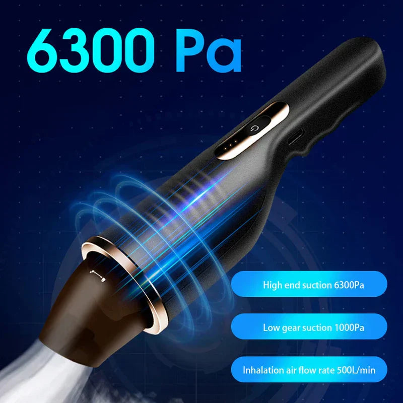 Mini Vacuum - Black handheld vacuum with blue suction airflow graphic, text listing suction and airflow specs alongside