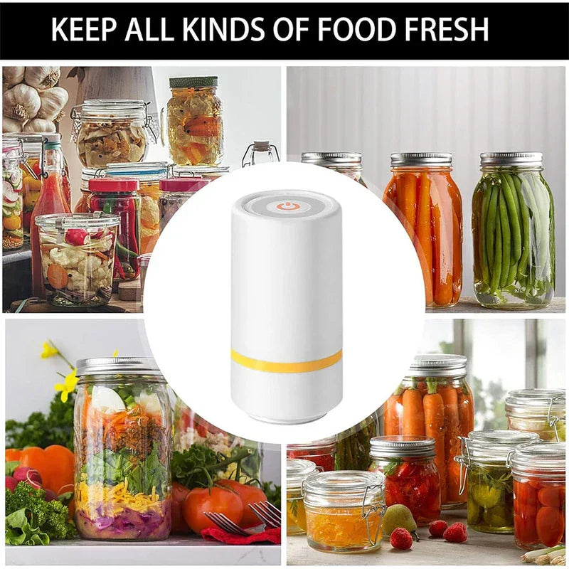 Vacuum Sealer Pump - Handheld vacuum sealer centered over four photos of glass jars holding various preserved foods