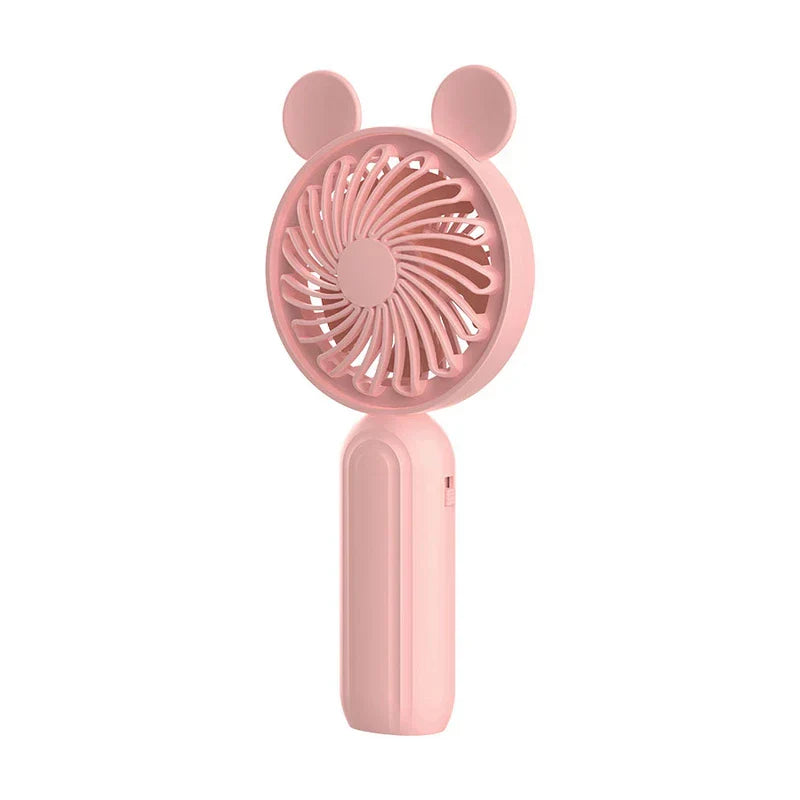 Mini Manual Handheld Squeeze Fan - Light pink bear-ear design portable fan against plain white background