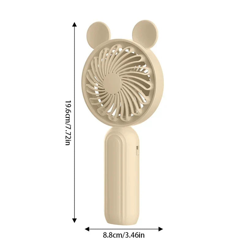 Mini Manual Handheld Squeeze Fan - Beige handheld mini fan with Mickey-style ear accents, showing dimension markings of 19.6cm tall and 8.8cm wide, against a white background