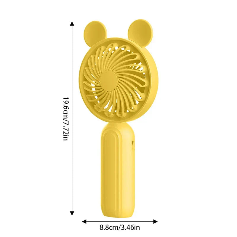 Mini Manual Handheld Squeeze Fan - Bright yellow handheld mini fan with Mickey-style ear accents, showing dimension markings of 19.6cm tall and 8.8cm wide, against a white background