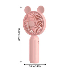 Mini Manual Handheld Squeeze Fan - Light pink handheld mini fan with Mickey-style ear accents, showing dimension markings of 19.6cm tall and 8.8cm wide, against a white background