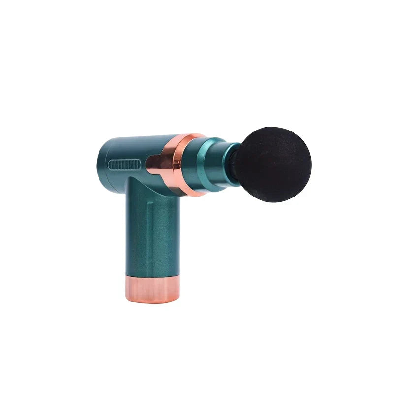 Percussion Massage Gun - Teal and rose gold compact massage device with round black massage head, shown against a plain white background