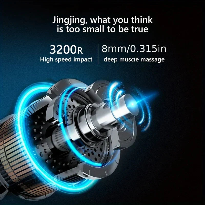 Percussion Massage Gun - Rotating mechanical motor illustration with glowing blue light rings against black background, with performance text