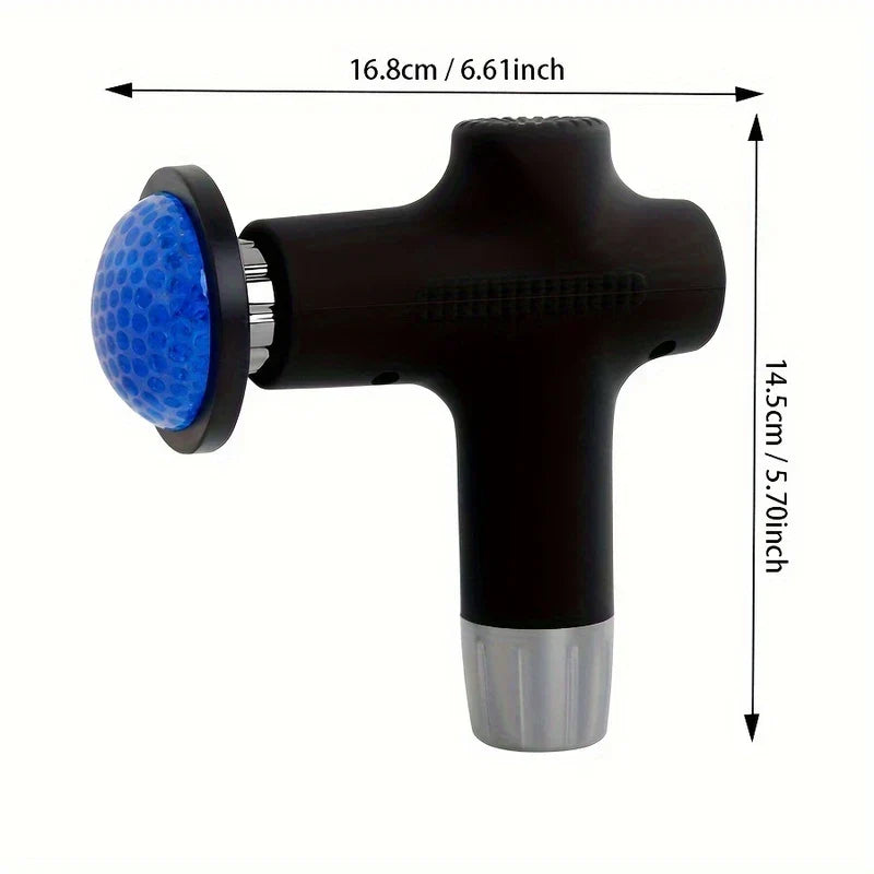 Percussion Massage Gun - Black T-shaped handheld massage device with blue textured massage head, showing length and height measurements