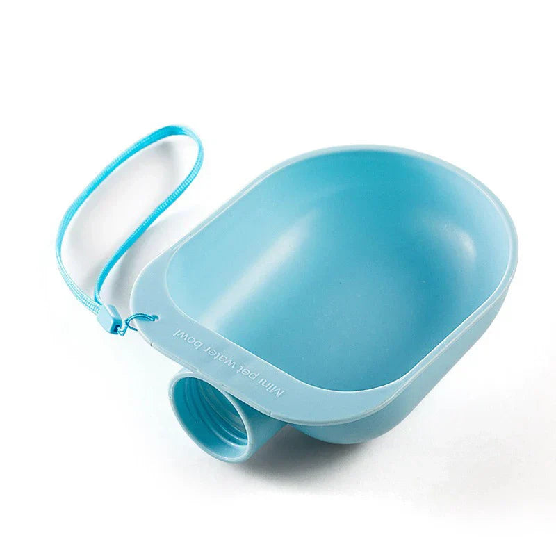 Pet Travel Drinking Water Bowl - Light blue bowl unit with attached woven carry strap and threaded bottle attachment port