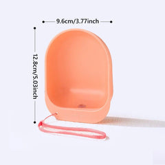 kleiner trinknapf für haustiere - Pfirsichfarbener Trinkkopfaufsatz mit angebrachter rosa Handgelenksschlaufe, Maßlinien markiert 9,6 cm breit und 12,8 cm hoch