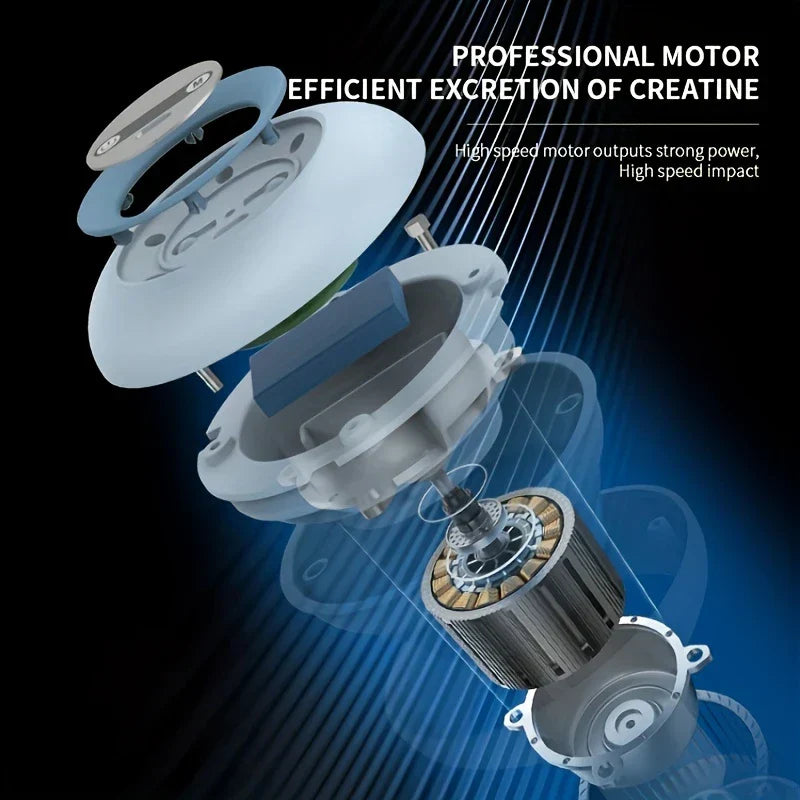 Percussion Massage Gun - Exploded view diagram of a device's internal motor components against a dark blue lined background, with overlaid text about the professional motor.