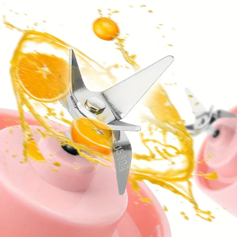 Portable Blender - Close-up of a blender blade assembly cutting an orange, with juice splashing and sliced fruit visible.