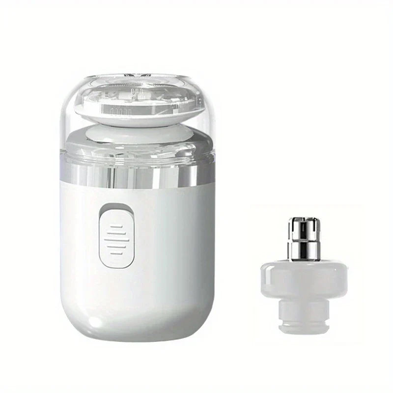 Portable Electric Shaver - White compact grooming device with clear protective cap and separate interchangeable trimmer attachment