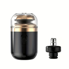 Portable Electric Shaver - Black and gold compact grooming device with clear protective cap and separate interchangeable trimmer attachment