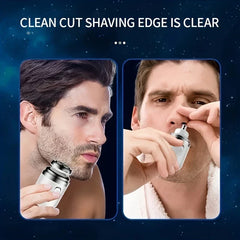 Portable Electric Shaver - Split-panel promotional graphic: a man uses a small electric shaver on his face on the left, and the same man uses the nose-trimmer attachment on his nose on the right, against a starry dark blue background.