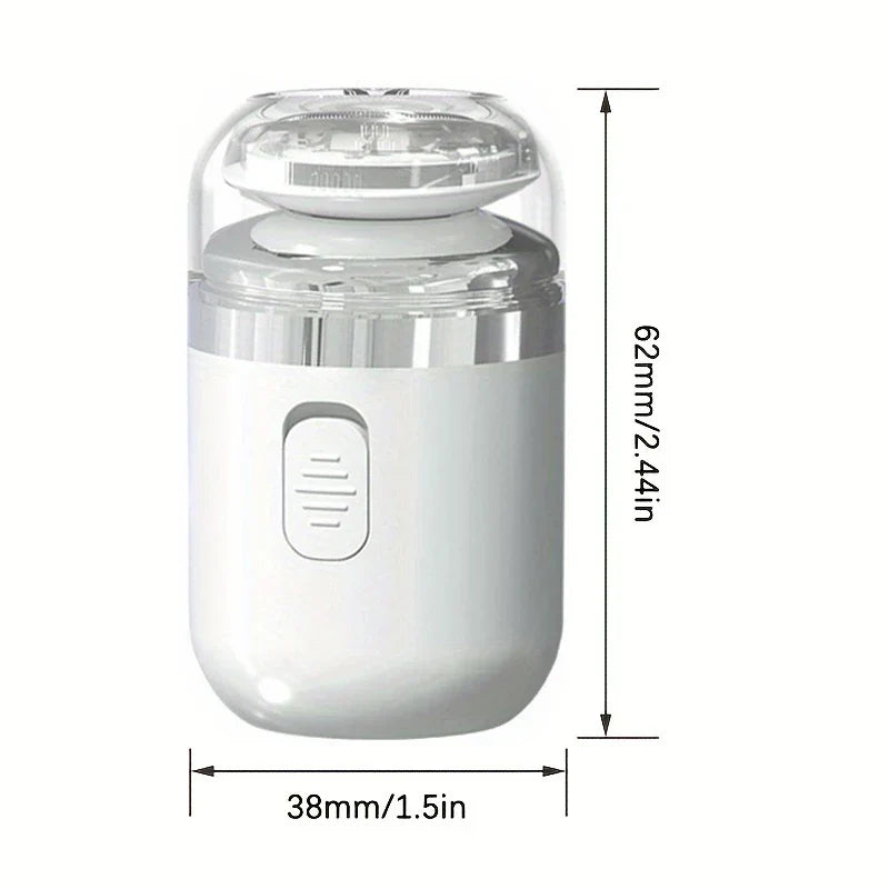 Portable Electric Shaver - Small white electric shaver with a clear protective cap, shown with height dimension 62mm/2.44in and width dimension 38mm/1.5in.