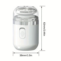 Portable Electric Shaver - Small white electric shaver with a clear protective cap, shown with height dimension 62mm/2.44in and width dimension 38mm/1.5in.