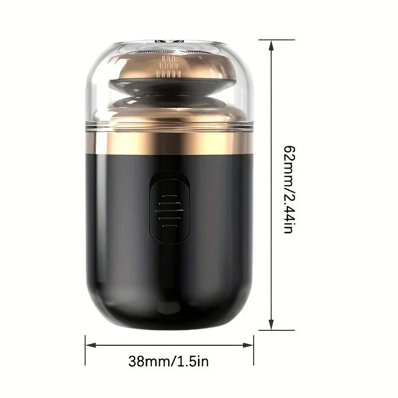 Portable Electric Shaver - Small black and gold electric shaver with a clear protective cap, shown with height dimension 62mm/2.44in and width dimension 38mm/1.5in.