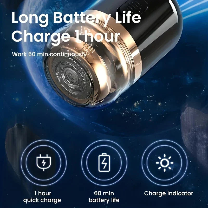 Portable Electric Shaver - Compact electric shaver with long battery life: 1 hour charge, 60 minutes runtime, charge indicator, against space-themed background.