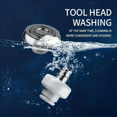 Portable Electric Shaver - Two detachable electric shaver heads being rinsed with water, showing they can be washed for easy cleaning.