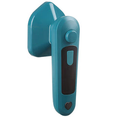 Electric Travel Iron - Teal compact handheld garment iron shown upright against a plain white background