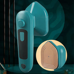 Electric Travel Iron - Side view of the handheld iron with a circular inset showing the textured soleplate