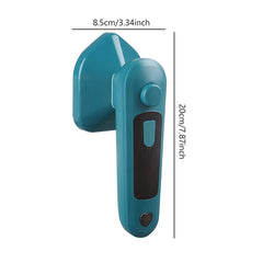 Electric Travel Iron - Teal handheld garment iron with size annotations, measuring 8.5cm wide and 20cm tall against a plain white background