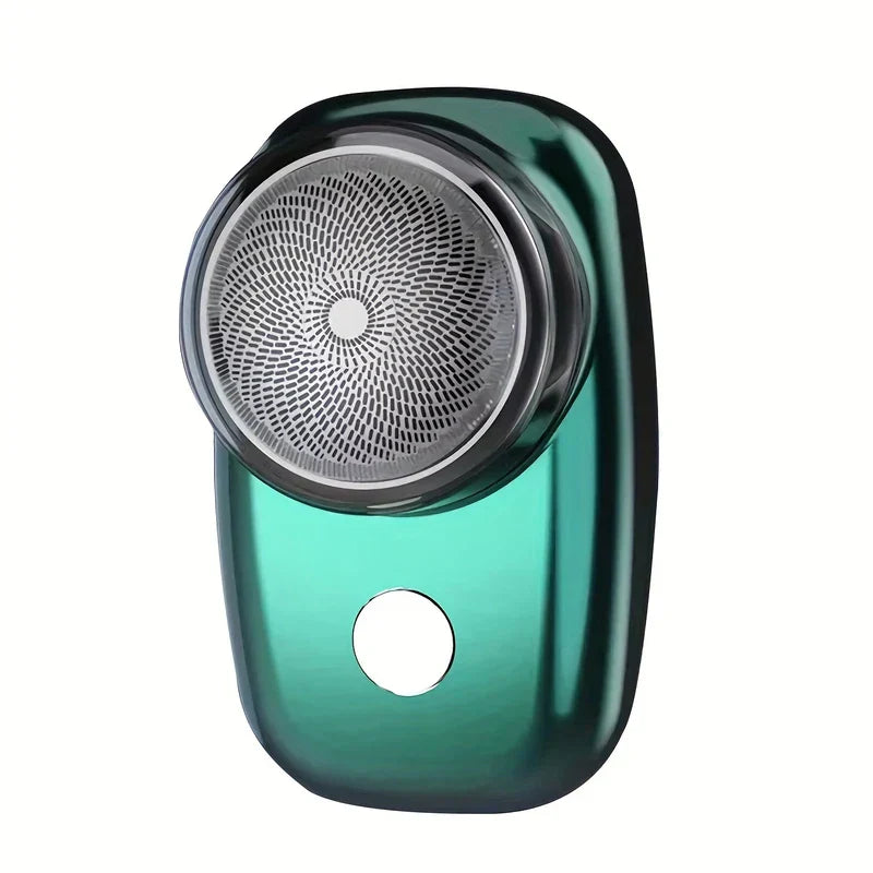 Portable Electric Shaver - Glossy teal compact shaver with circular mesh blade head and single round control button, front angled view on white background