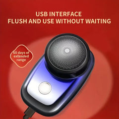 Portable Electric Shaver - Gradient blue-purple shaver with connected USB charging cable, showing 60-day battery runtime note