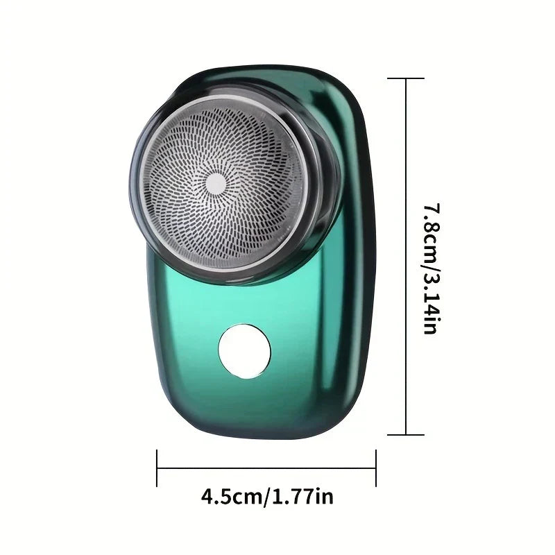 Portable Electric Shaver - Dimensional diagram of a green mini electric shaver, showing its height and width measurements against a white background.