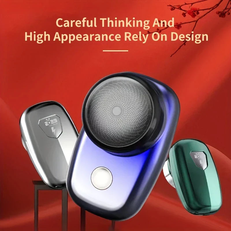 Portable Electric Shaver - Three mini electric shavers in purple, silver, and green, displayed against a solid red background with a design text line at the top.