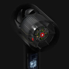 Hair Dryer - Transparent cutaway view of a hairdryer, showing internal fan, heatsink, motor, and internal circuitry against a black background