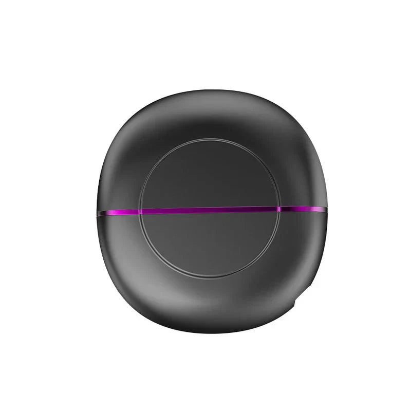 Portable Hair Straightener Brush - Top view of a rounded dark gray device with a thin horizontal purple accent line, on white background