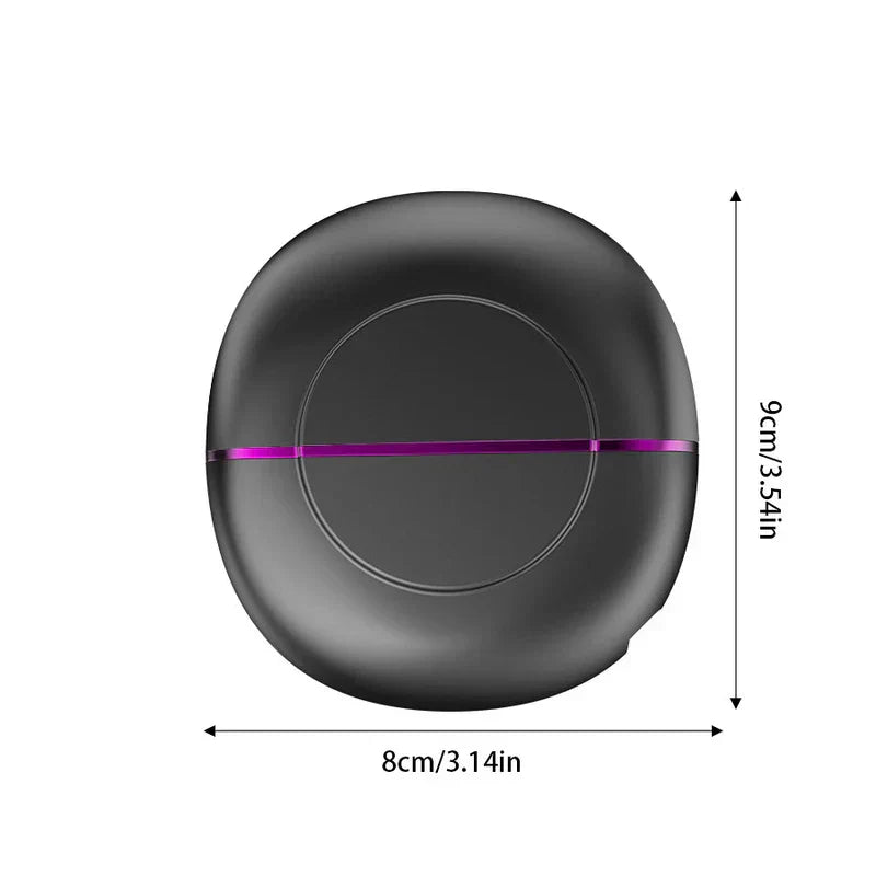 Portable Hair Straightener Brush - Black matte oval hair brush with a purple midline band, shown with 8cm width and 9cm height measurement markings