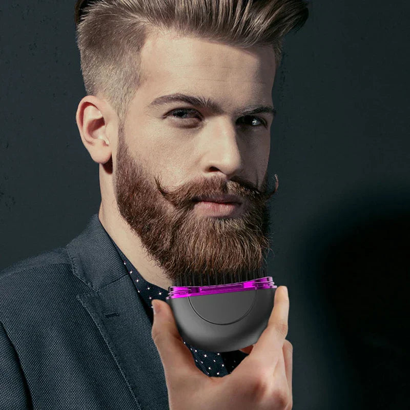 Portable Hair Straightener Brush - Hand holding a black and purple hair brush, brushing through the beard of a bearded man in a dark suit jacket