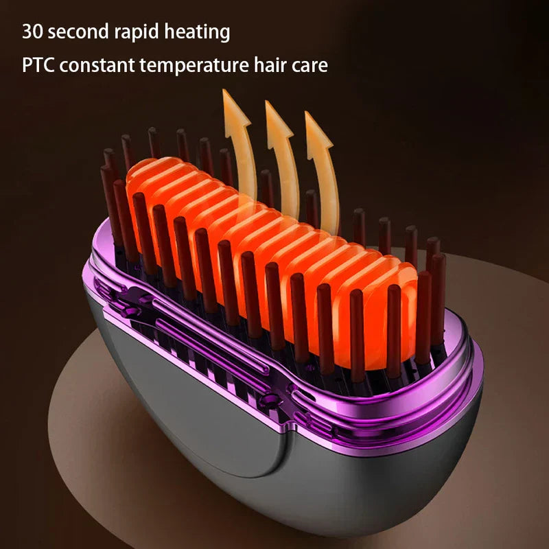 Portable Hair Straightener Brush - Cutaway view of a heated hair brush showing internal orange heating elements and rising heat arrows, with text above