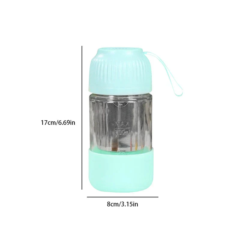 Mini Juicer Blender - Mint green lidded glass water bottle with attached carry strap, internal mesh infuser, mint base sleeve, shown with 17cm height and 8cm width dimensions.