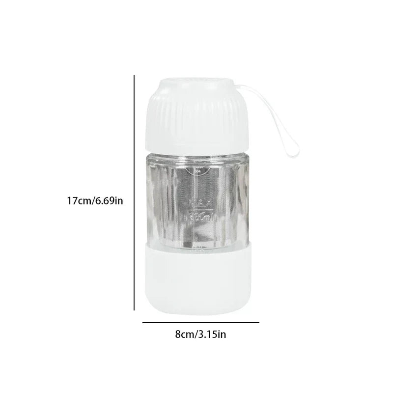 Mini Juicer Blender - White lidded glass water bottle with attached carry strap, internal mesh infuser, white base sleeve, shown with 17cm height and 8cm width dimensions.