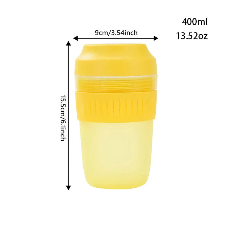 Portable Juicer Blender - Yellow portable cup with measurement dimensions: 9cm wide, 15.5cm tall, 400ml capacity