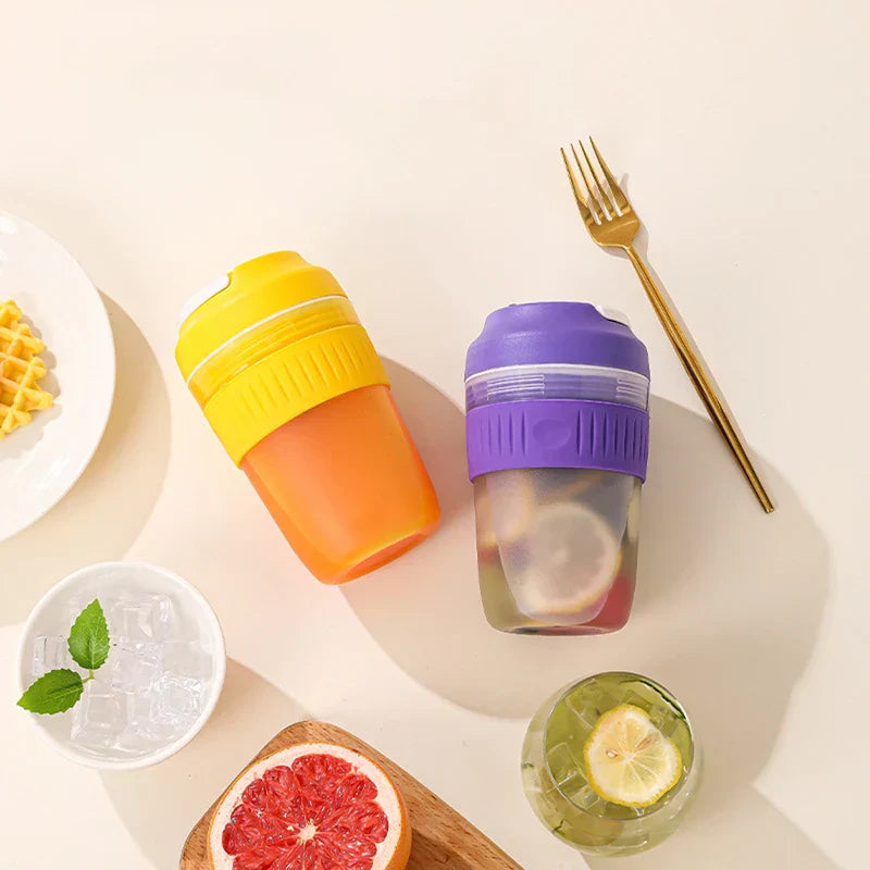 Portable Juicer Blender - Flat-lay of two portable cups with food and drink items on a light beige surface.